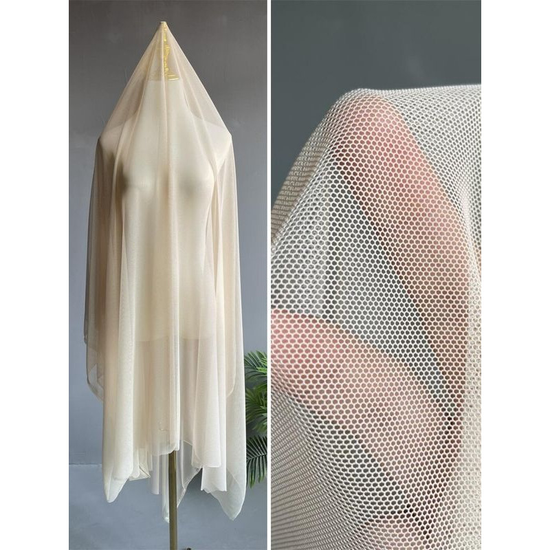 Light beige four-sided stretch mesh fabric draped see-through tight body shaping base mesh designer fabric