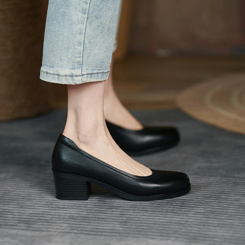 Women's Black Round-Toe Thick-Heeled Flat Shoes for Air Hostess, Bank, Hotel Interview, Professional Dress Shoes with Rough Sole and Thick Sole