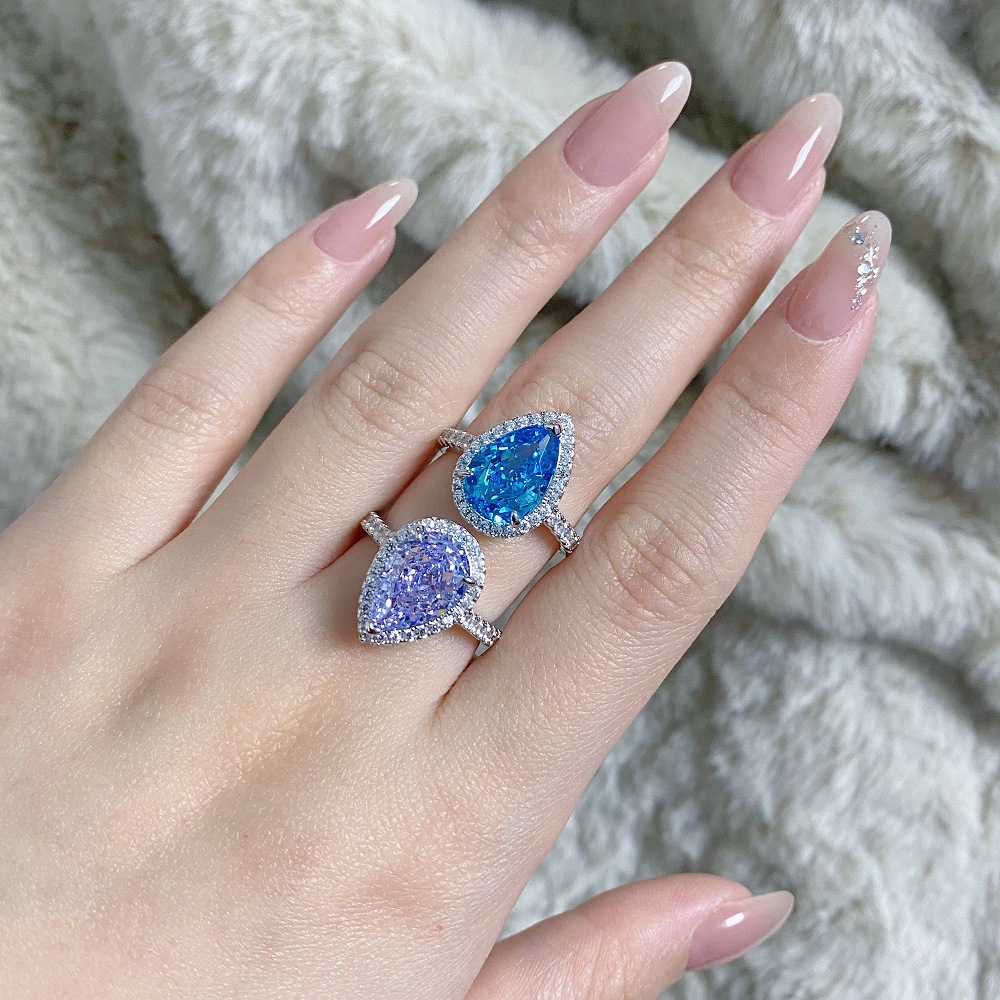 S925 sterling silver pear-shaped ring with lavender purple high carbon rhinestone, European and American fashion zircon gem diamond ring13