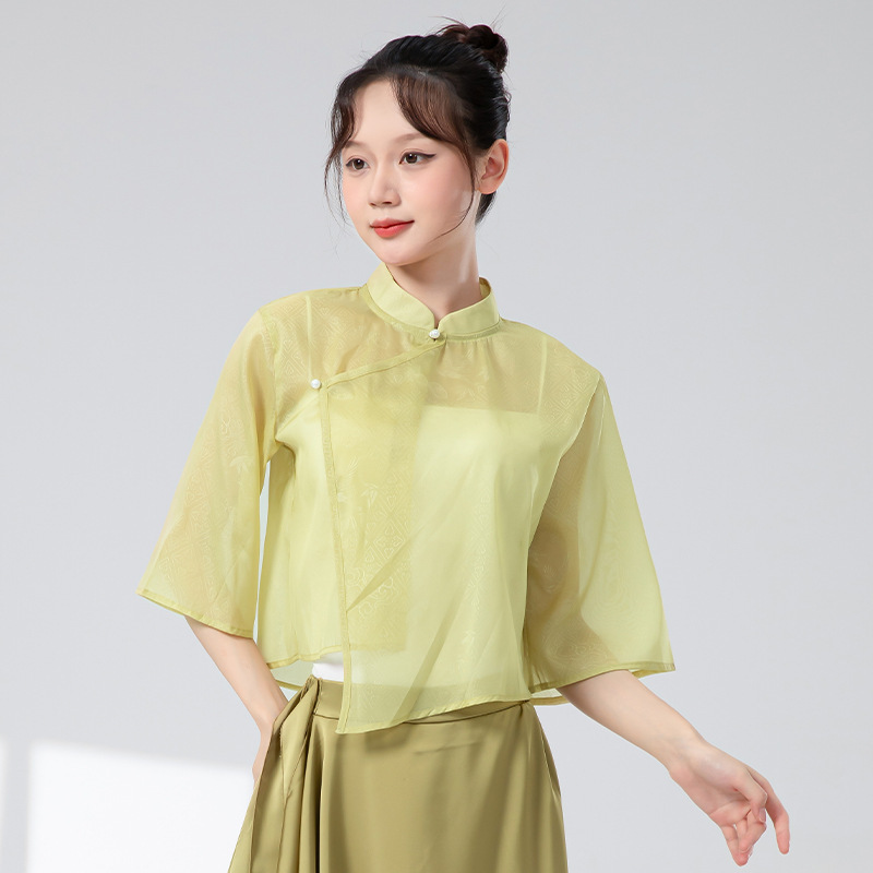 新中式古典舞练功服女新款中袖立领盘扣舞蹈服上衣国风日常演出服|undefined