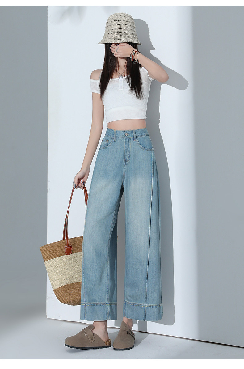 Quần jean ống rộng nữ cạp cao dáng suông vải Tencel xanh nhạt — Quần lửng màu xanh nhạt chi tiết 14