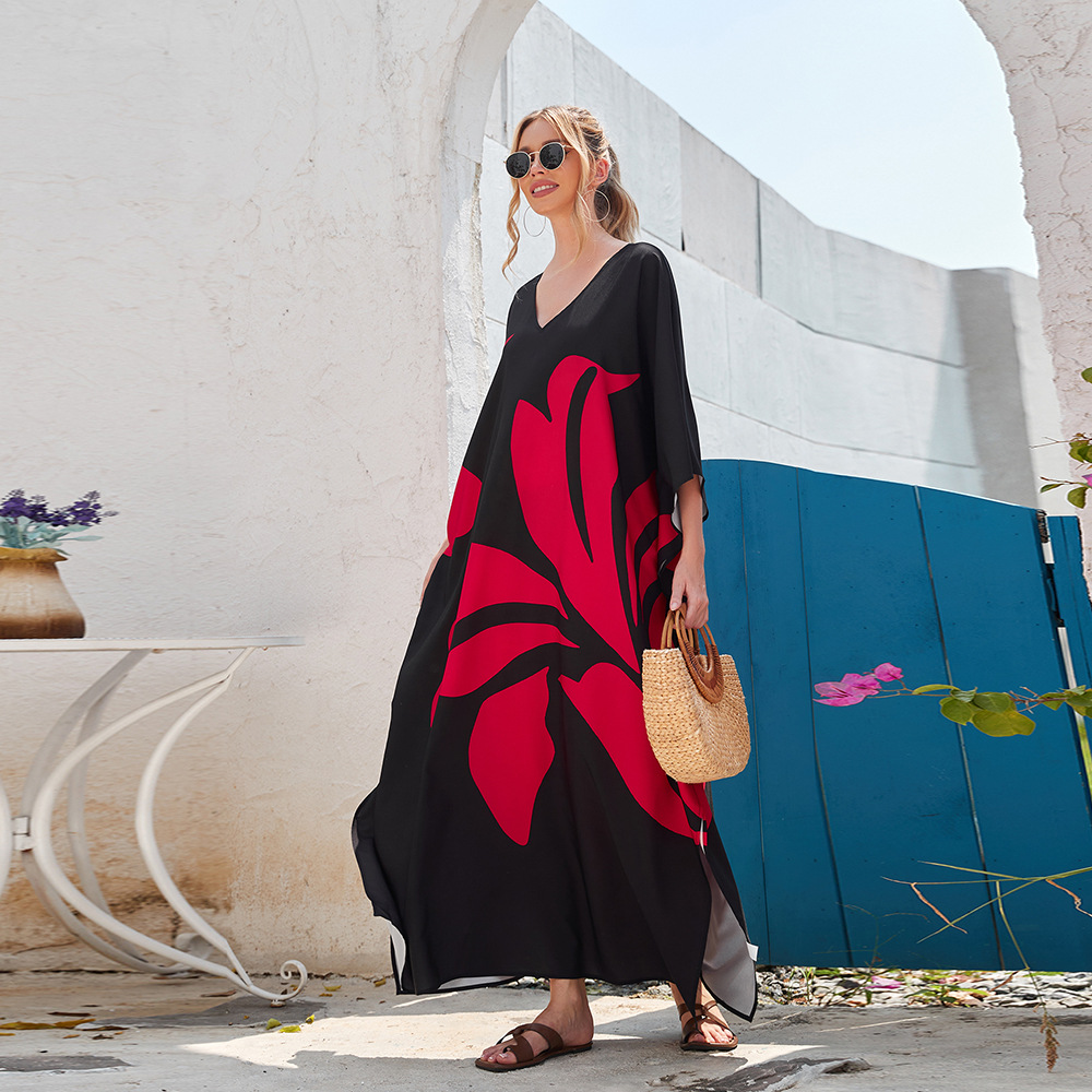 2 colores transfronterizos nuevo impreso manga Batwing bata suelta más tamaño vacaciones playa vestido bikini cubierta hasta 3907