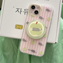 青苹果灰色猫13Promax14Promax磁吸支架手机壳适用iPhone15/12Pro