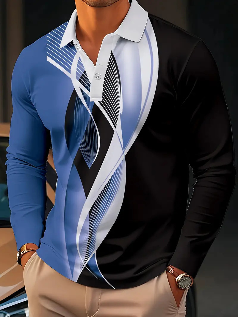 Primavera y verano estilo delgado diseño de alta calidad Volkswagen geométrico colorido manga larga solapa botón POLO camisa MB14