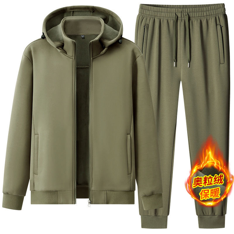 Autumn and Winter New Men's Fleece Sports Suit with Extra Fleece and Thickened Men's Sports Casual Cotton Sweatshirt and Sweatpants Set Cardigan