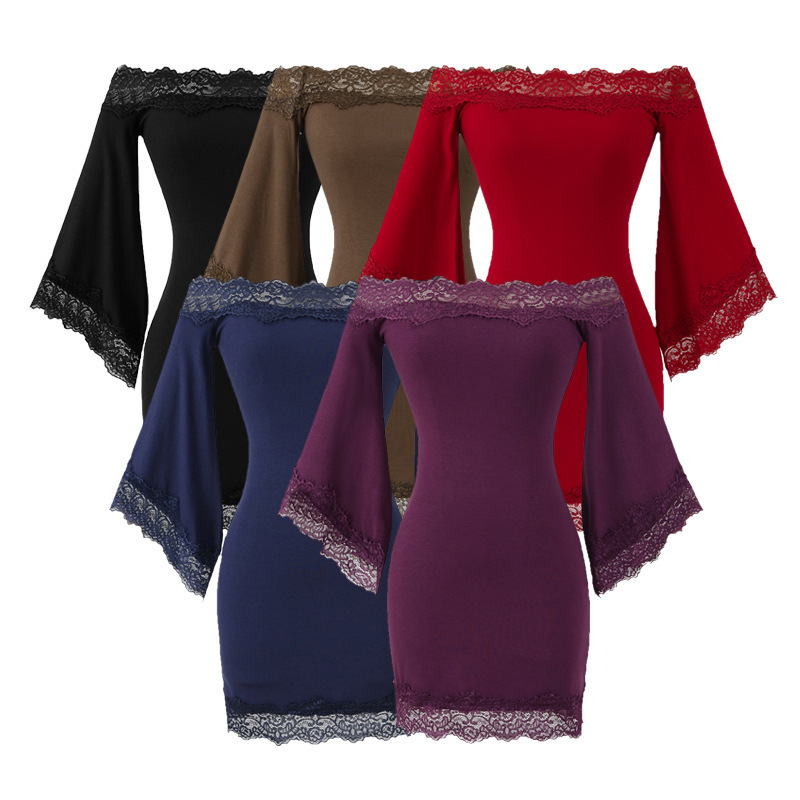 French-Style Slim-Fit Sexy Lace Off-Shoulder Dress, High-Elastic Slim-Fit Flattering Trendy Short Dress with Bell Sleeves and Bodycon Skirt