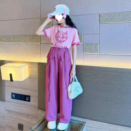 女童夏装时髦炸街辣妹套装2023新款大童洋气短款T恤工装裤两件套