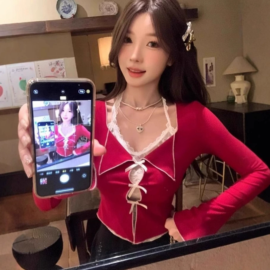 Трансграничный сексуальный чистый ветер поддельный два шея кружевная футболка с длинными рукавами женская весна и осень бант дизайн V-образный топ