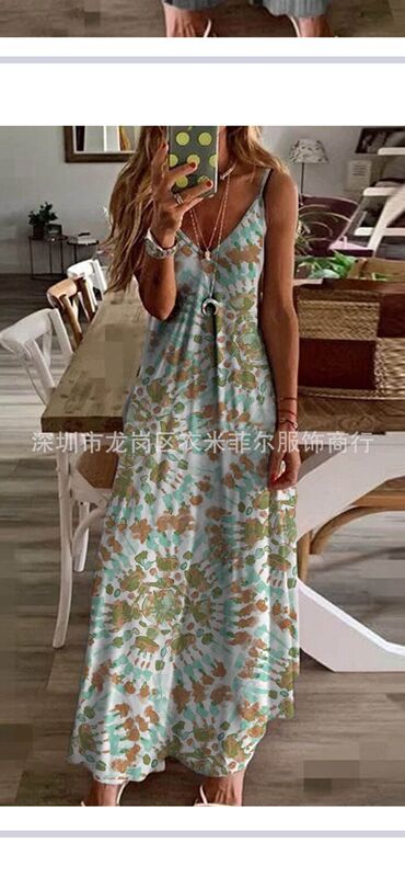 2023 European and American Amazon Women's Summer New Lace Sling V-Neck Fashion Printed Loose Dress