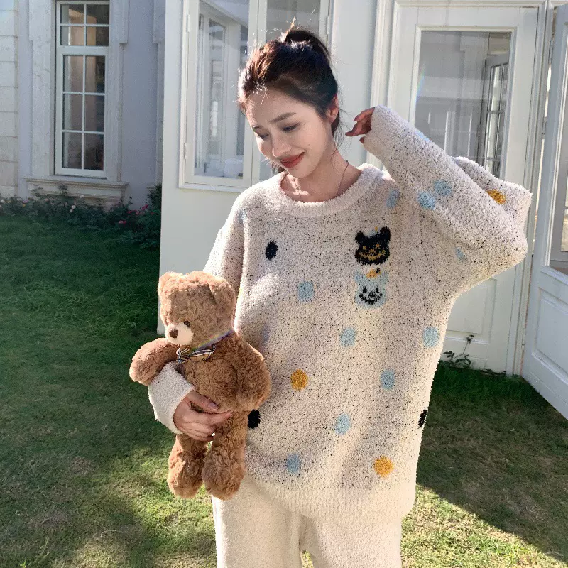 冬季新款卡通小熊睡衣圆领减龄舒适柔软可外穿家居服套装大码宽松