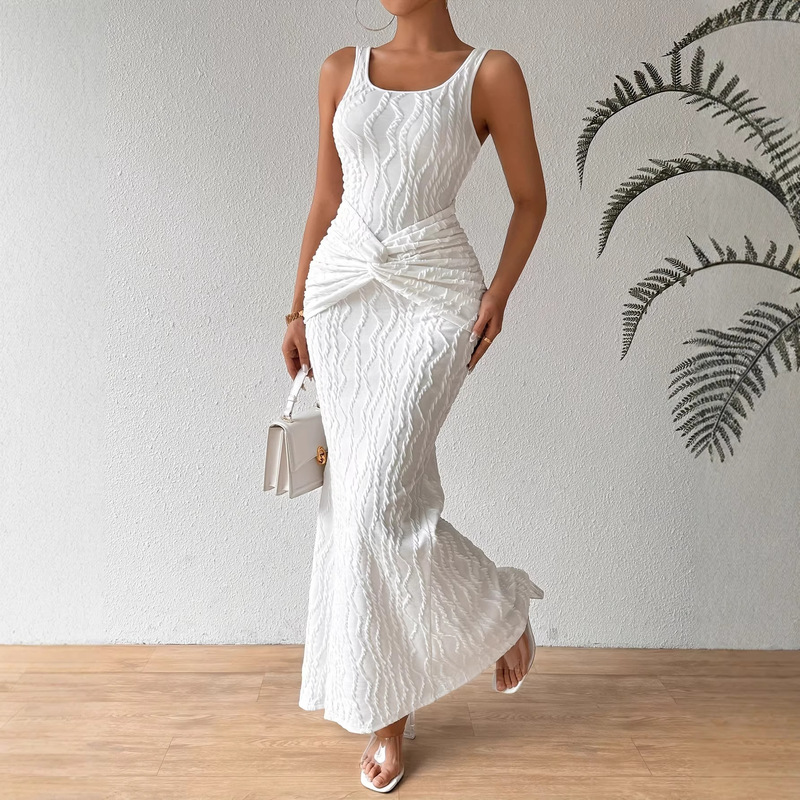 Rose Day White Twisted Sleeveless Dress, Large Round Neckline, Women's Long Dress Rose Day White Twisted Sleeveless Dress, Large Round Neckline, Women's Long Dress