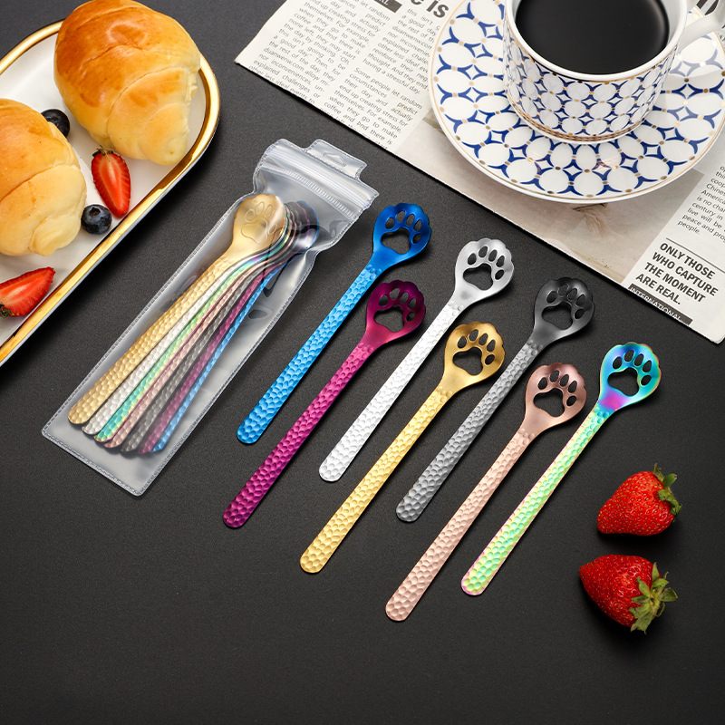 Cuchara de garra de gato de acero inoxidable 304 Cuchara de hielo de mango largo Taza de mezcla de miel Cuchara de postre de café de helado al por mayor