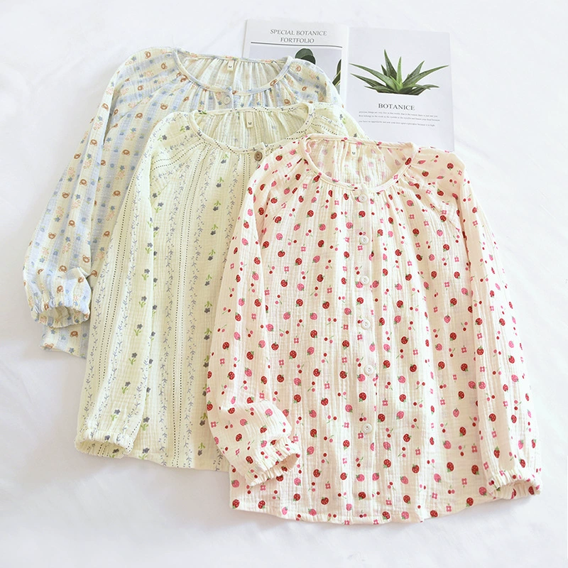 Женская Хлопковая пижама с круглым вырезом, цельный топ, весна-осень, тонкий марлевый кардиган с длинными рукавами, домашняя одежда, повседневная верхняя одежда