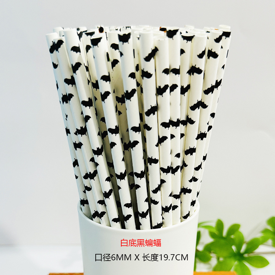 Una gran cantidad de pajitas de papel desechables al por mayor, pajitas de papel de Halloween, pajitas de papel degradables, calavera, calabaza
