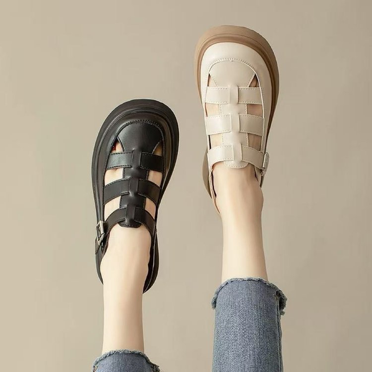 Sandalias romanas de suela gruesa para mujeres 2026 nuevos zapatos de verano antideslizantes para mujeres con cabeza de bolsillo con zapatos agujeros de falda