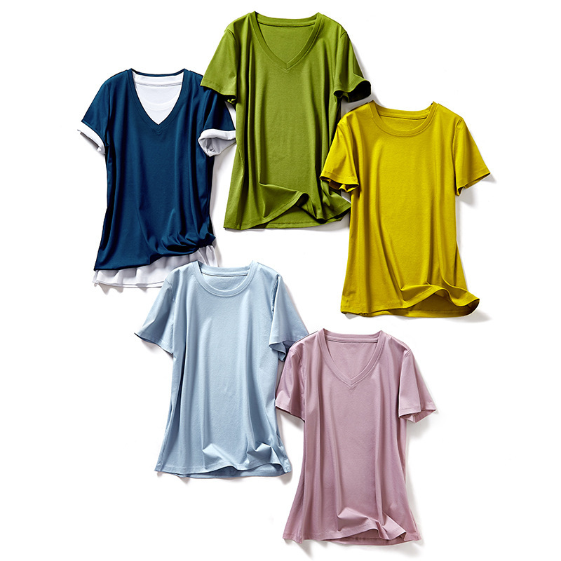 メーカースポット2024夏80本両面シルク綿tシャツ女園vネック半袖純色綿半袖tシャツ