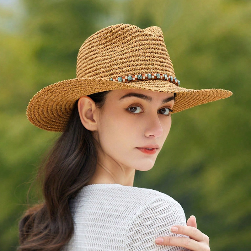Grensoverschrijdende hoed met brede rand voor dames, veelzijdige zonnehoed, papieren western cowboy zomerzonbescherming, strand vissers strohoed_voghion.com