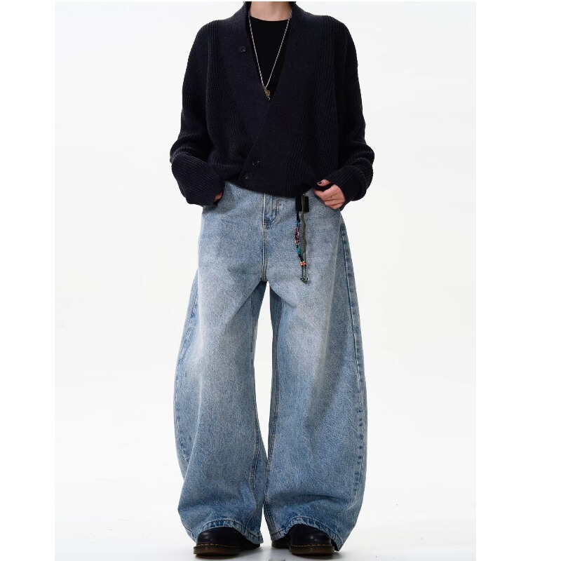 American Retro Loose Washed Distressed Jeans for Men and Women Casual Straight Pocket Double Pleated Wide Leg Trousers