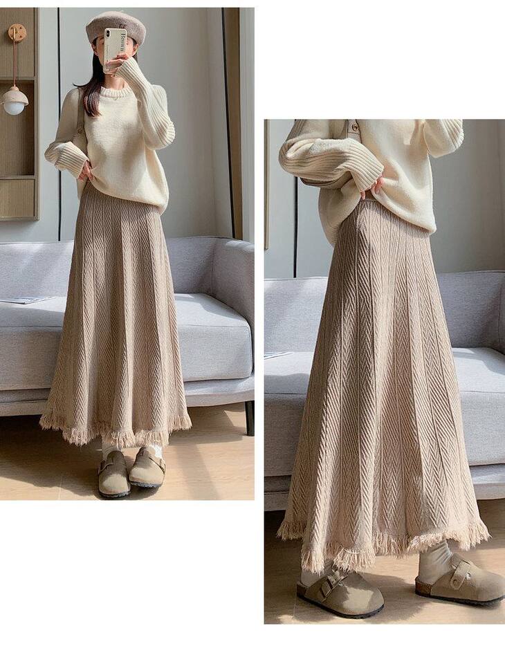 Chân váy dệt kim dày nữ dáng chữ A cạp cao xếp ly tua rua dáng dài — màu kaki, màu mơ, xám đậm, đen chi tiết 16