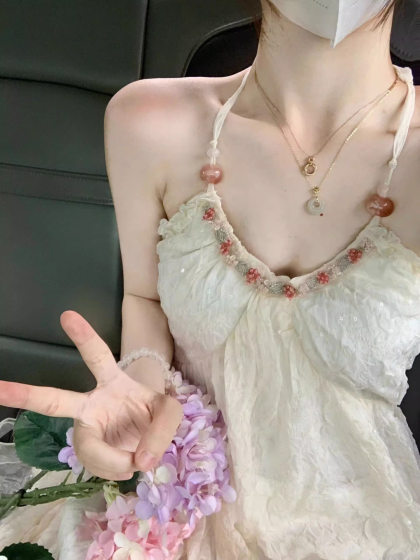 [Original fabric] pure desire halter chiffon dress women's summer seaside holiday French backless skirt white long