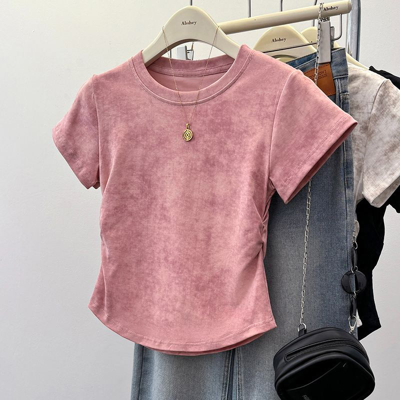 Cross-border Supply Tie-dyed Shoulder Short-sleeved T-shirt Women's Summer Retro Slim-fit Small Shirt Spice Girls Inner Short Top Clothes Cross-border Supply Tie-dyed Shoulder Short-sleeved T-shirt Women's Summer Retro Slim-fit Small Shirt Spice Girls Inner Short Top Clothes