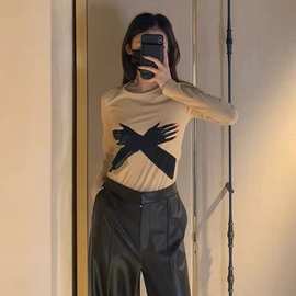 春秋季欧美风跨境女装时尚小众个性印花圆领长袖T恤打底衫女批发