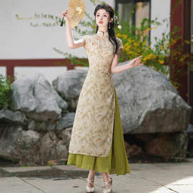 新中式清冷感禅意绝美改良绿色旗袍日常可穿水墨连衣裙穿搭套装夏