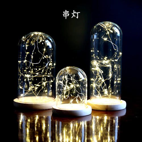 Eternal flower transparent glass cover base with light, hand-made soft clay doll dust-proof cover, LED copper wire light string light