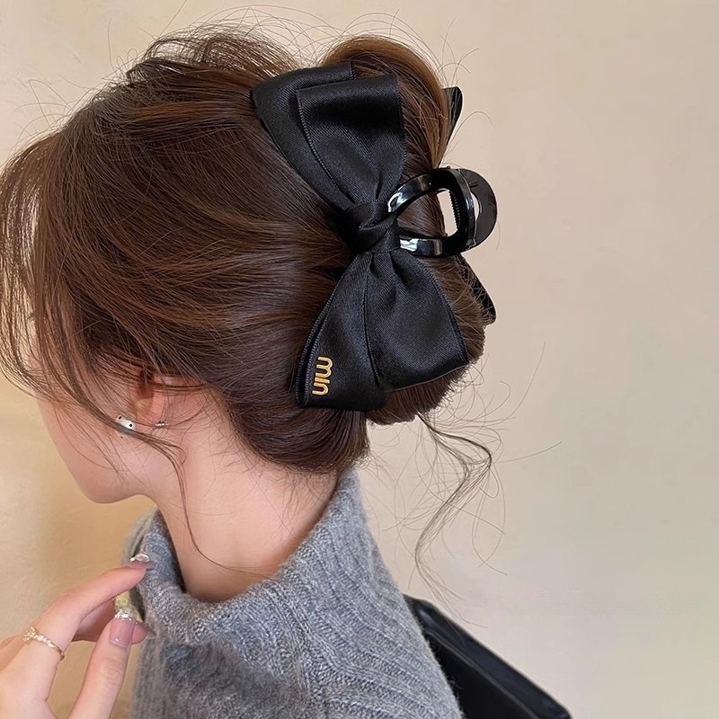 Satín de alta sensación, arco negro grande, clip de tiburón, toque de cabeza, clip de nube, clip de agarre, clip de cabello, tarjeta de cabello de mujer