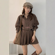 工厂直销2025实拍秀韩国代购韩系时尚翻领格纹收腰中长款连衣裙