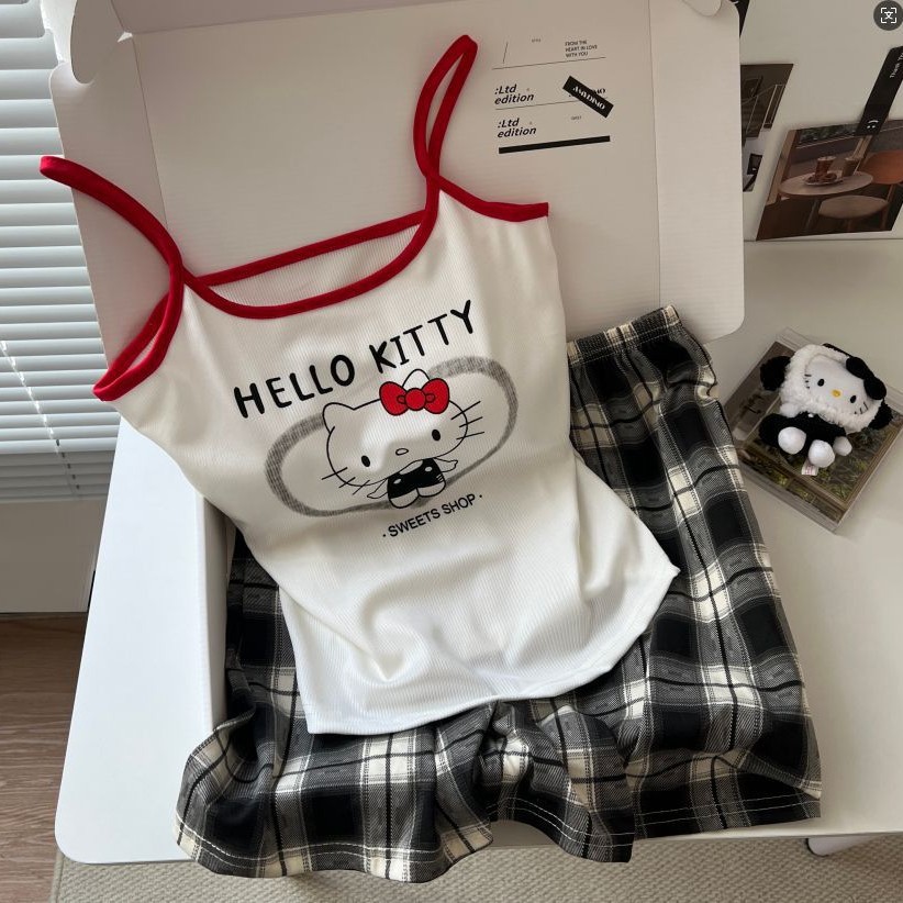 Con almohadilla para el pecho, pijamas hellokitty, pantalones cortos de verano para mujer, suéter de tirantes, lindo traje de servicio a domicilio coreano, algodón de imitación