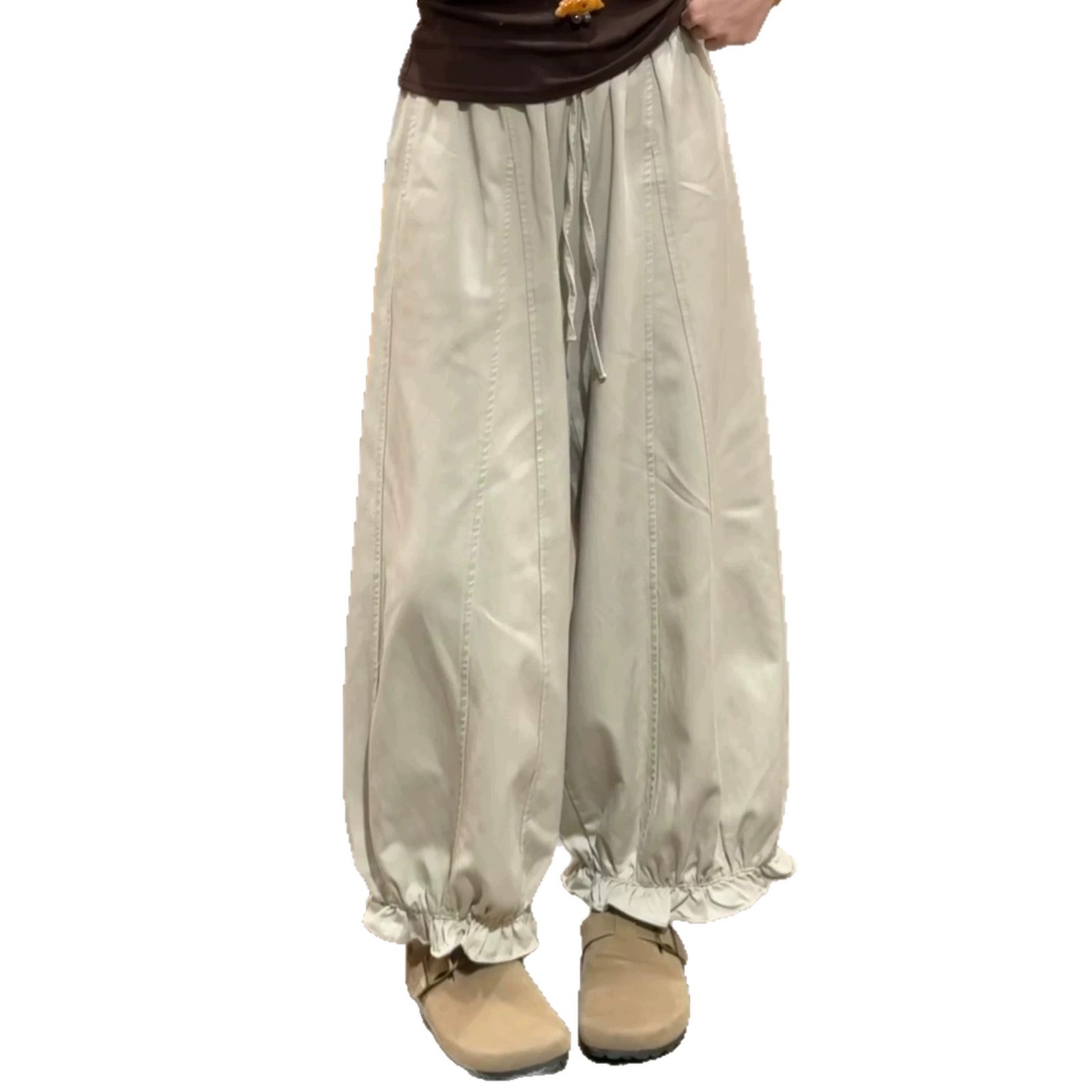 Khaki Ruffled Balloon Pants for Women, Summer 2026 New Style, Petite High-Waisted Slimming Casual Harem Pants