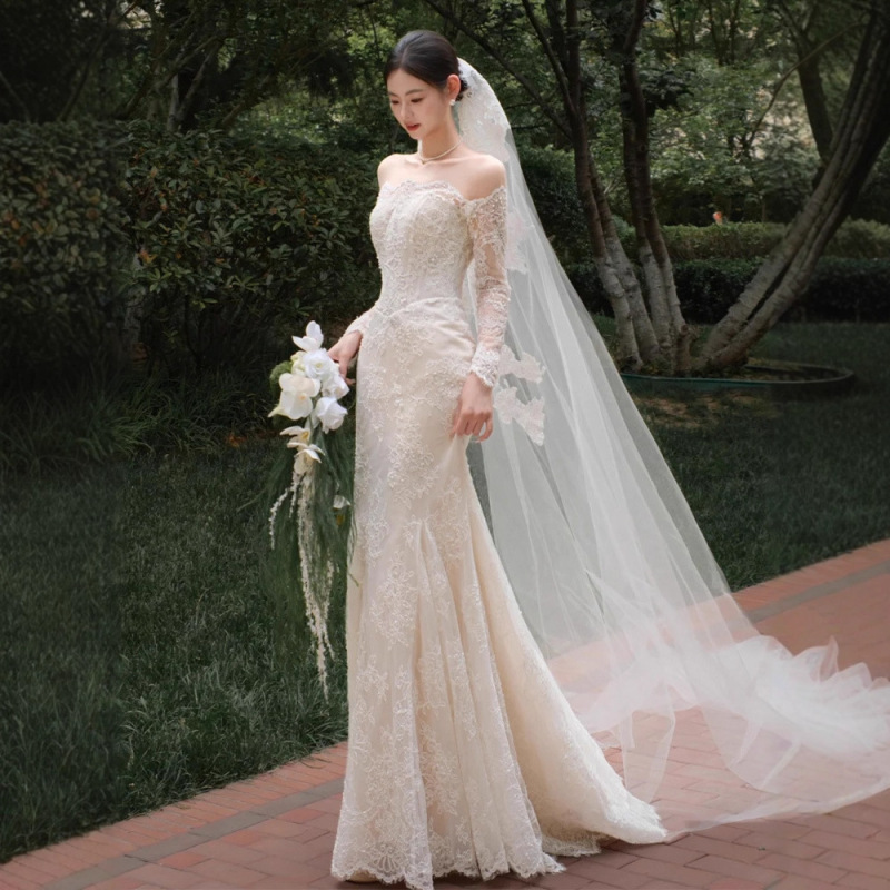 Bridal Light Wedding Dress, High-End Lace, French Retro Long Sleeves, Beautiful Welcoming Gauze, Wedding Banquet, Fishtail Evening Dress