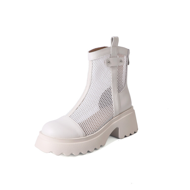 Boot nữ cổ cao đế dày gót bánh xốp da bò lưới thoáng khí xuân hè 2024 — Màu đen, Màu trắng be chi tiết 110
