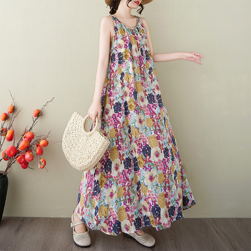 2025 Summer New plus size Free Series Relaxation Lazy Skirt Minimalist Flower Sleeveless Long dress