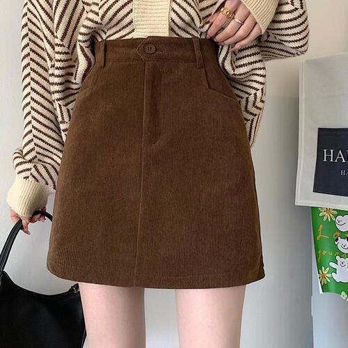 Women's Autumn/Winter Slimming High-Waisted A-Line Short Skirt 2024 New Coffee Corduroy Bodycon Skirt 145 for Petite Women