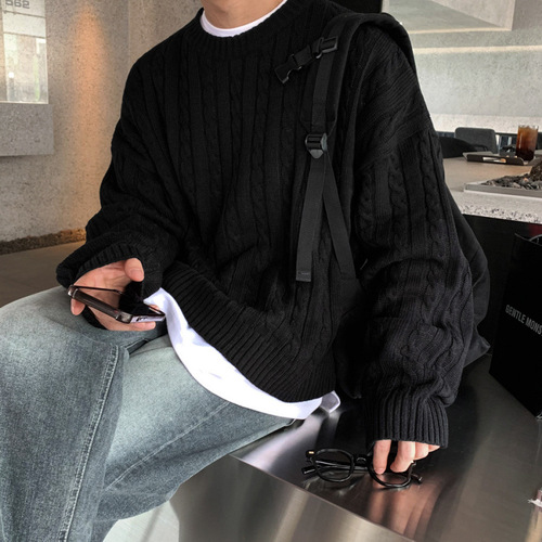 MYQ Japanese Style Fringe Hooded Sweater for Men, Winter Warmth Loose Top, Korean Version Fashion Round Neck Knit Sweater