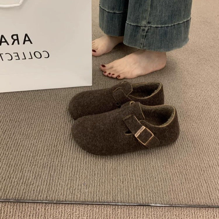 Туфли Birkenstock женские круглый нос, войлок и бархат, на подкладке из тёплого хлопка, ретро осень