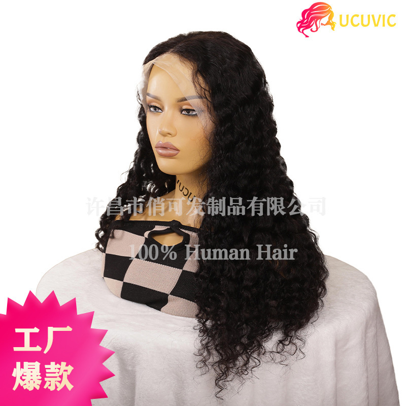Cross-border European and American African real human hair humanhair deep wave long hair front lace wig