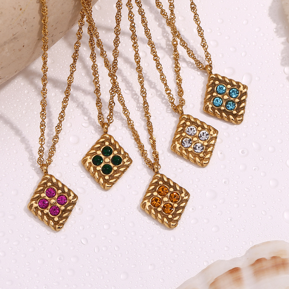 Elegant Plated 18K Gold Four Diamond Geometric Stainless Steel Pendant Necklace