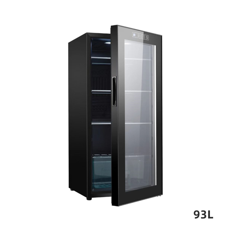 Refrigerador de pantalla refrigerado pequeña puerta de vidrio transparente refrigerado por aire de dos personas lado del mundo abierto puerta única barra de hielo negro 70L