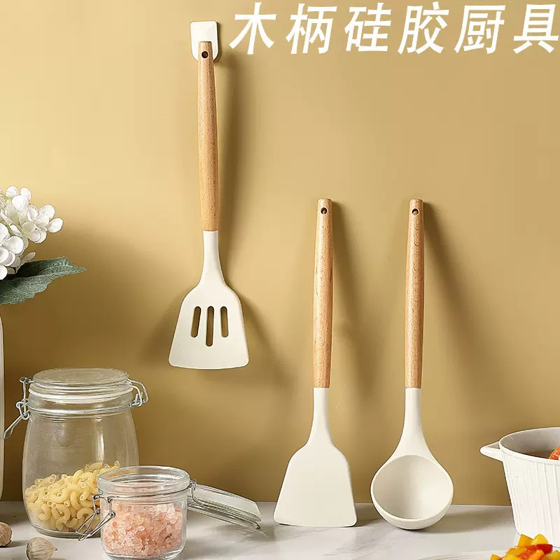 木柄硅胶锅铲汤勺厨房耐高温烹饪铲勺漏铲煎铲硅胶厨具3件套现货