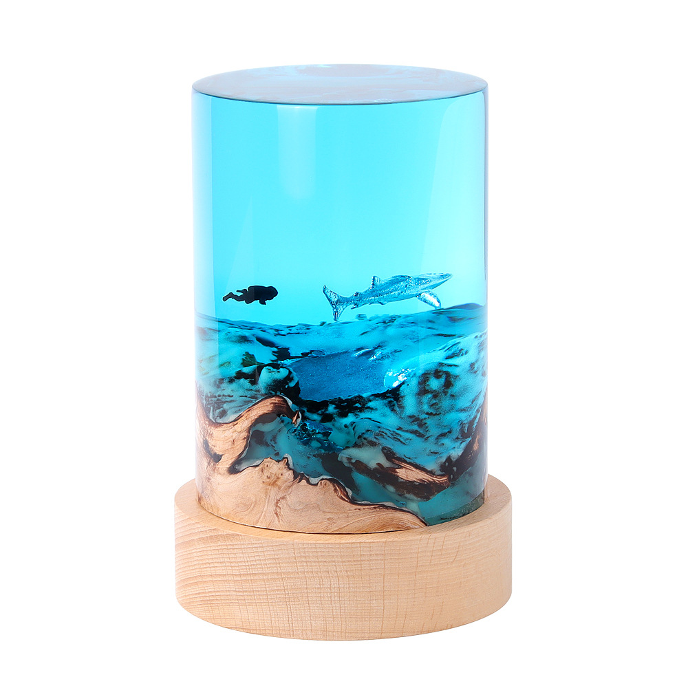 Handmade Micro Landscape Ornaments Ocean Turtle Whale Shark Diver Creative Desktop Cylinder Solid Wood Resin Night Light