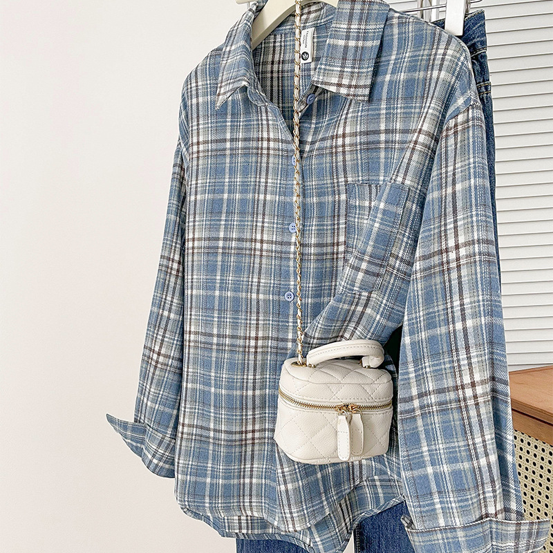 Plaid Shirt Women's Spring and Autumn New American Loose Trendy Fashion Retro Puffy Handsome Design Long Sleeve Jacket