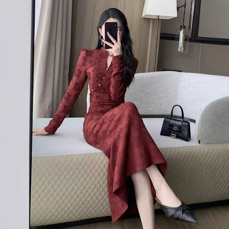 Long Dress for Important Occasions, Light Luxury High-End Chinese-Style Evening Gown, Women's Red Cheongsam Dress for Dinner Parties Long Dress for Important Occasions, Light Luxury High-End Chinese-Style Evening Gown, Women's Red Cheongsam Dress for Dinner Parties