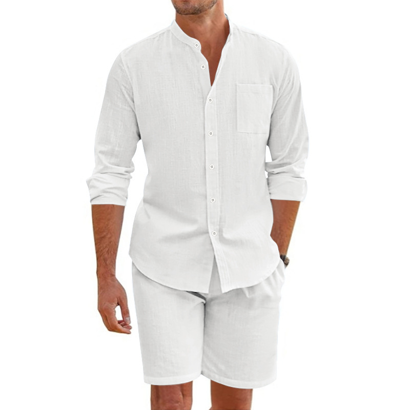 2026 Amazon hombre de verano dos piezas camisa de botón de lino manga larga pantalones cortos cardigan traje de playa casual