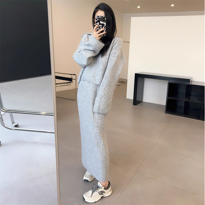 慵懒风半拉链翻领毛衣套装女秋冬季韩版宽松休闲针织半身裙两件套|undefined