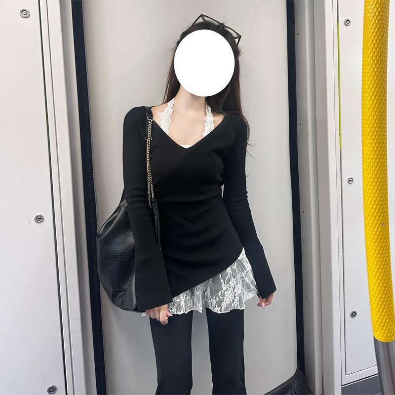Simple High-end Sense Black V-neck Slim-fit Long-sleeved T-shirt Women's Autumn and Winter Interior Sexy Lace Neck Top Two-piece Set
