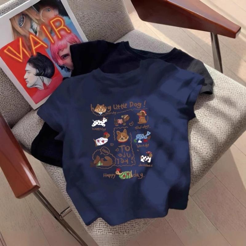 ネイビーブルーの純綿半袖Tシャツ女性用2025インターネットセレブ人気アメリカンプリントトップス右肩ラウンドネックホットガールシャツ|undefined