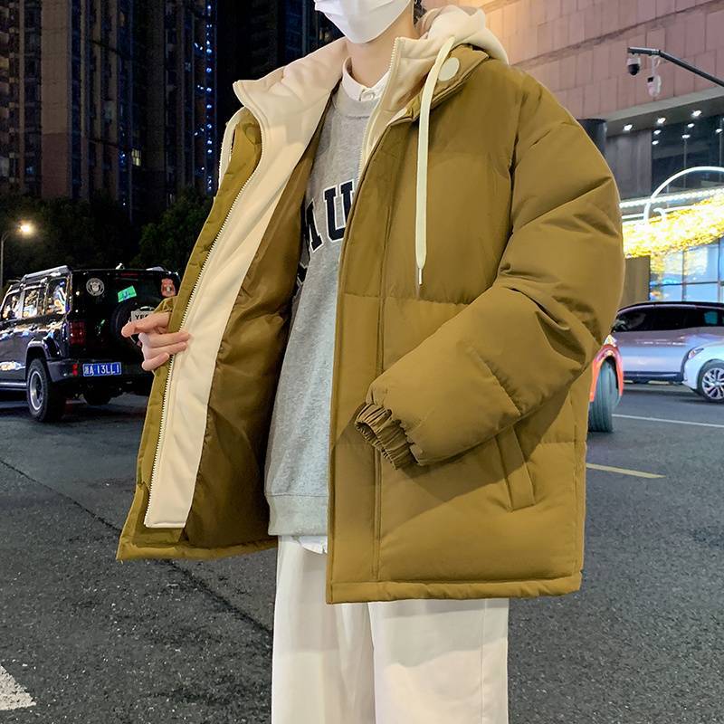 (2개) 코튼 패딩 재킷 남자의 겨울 새로운 가짜 2 피스면 패딩 재킷 잘 생긴 올 매치면 패딩 재킷 후드 따뜻한 빵 세트 어린 학생들을위한